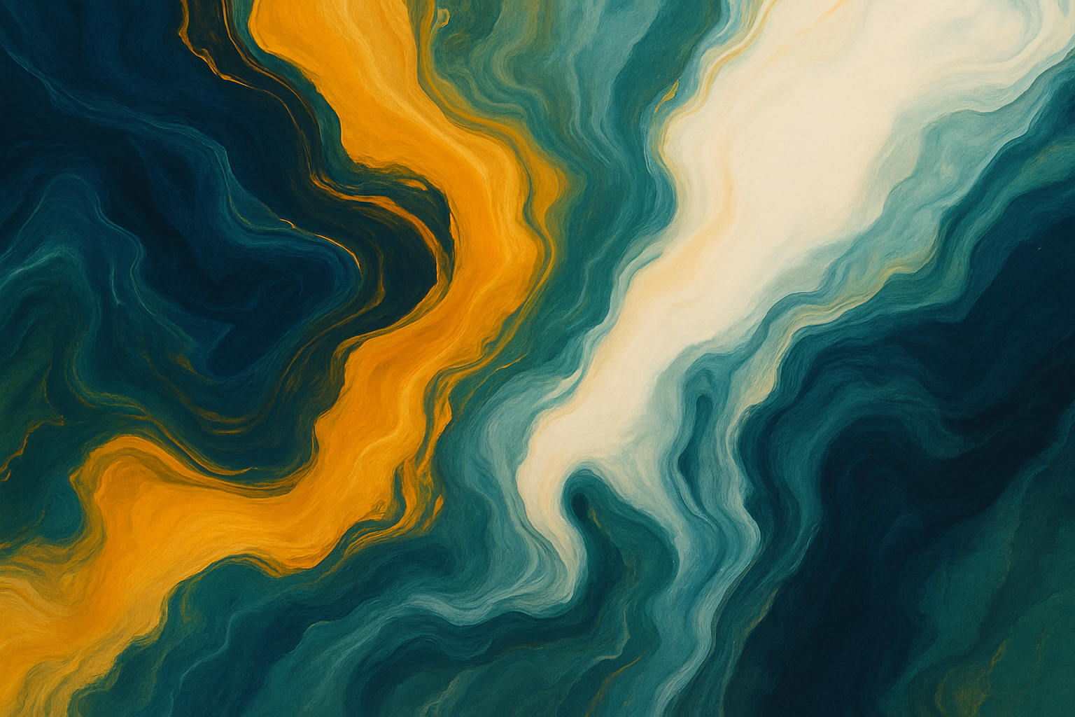 Abstract flowing shapes in petrol blue, orange and cream