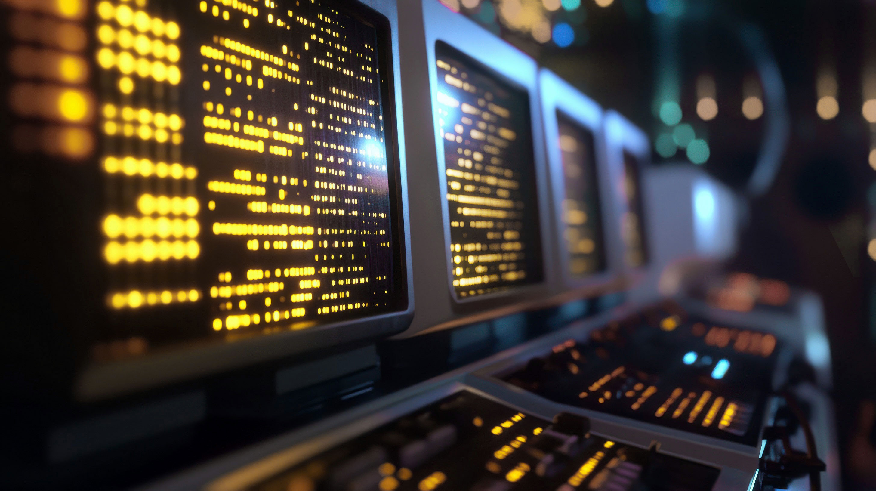 Monitors with yellow lines of data in a darkened control room