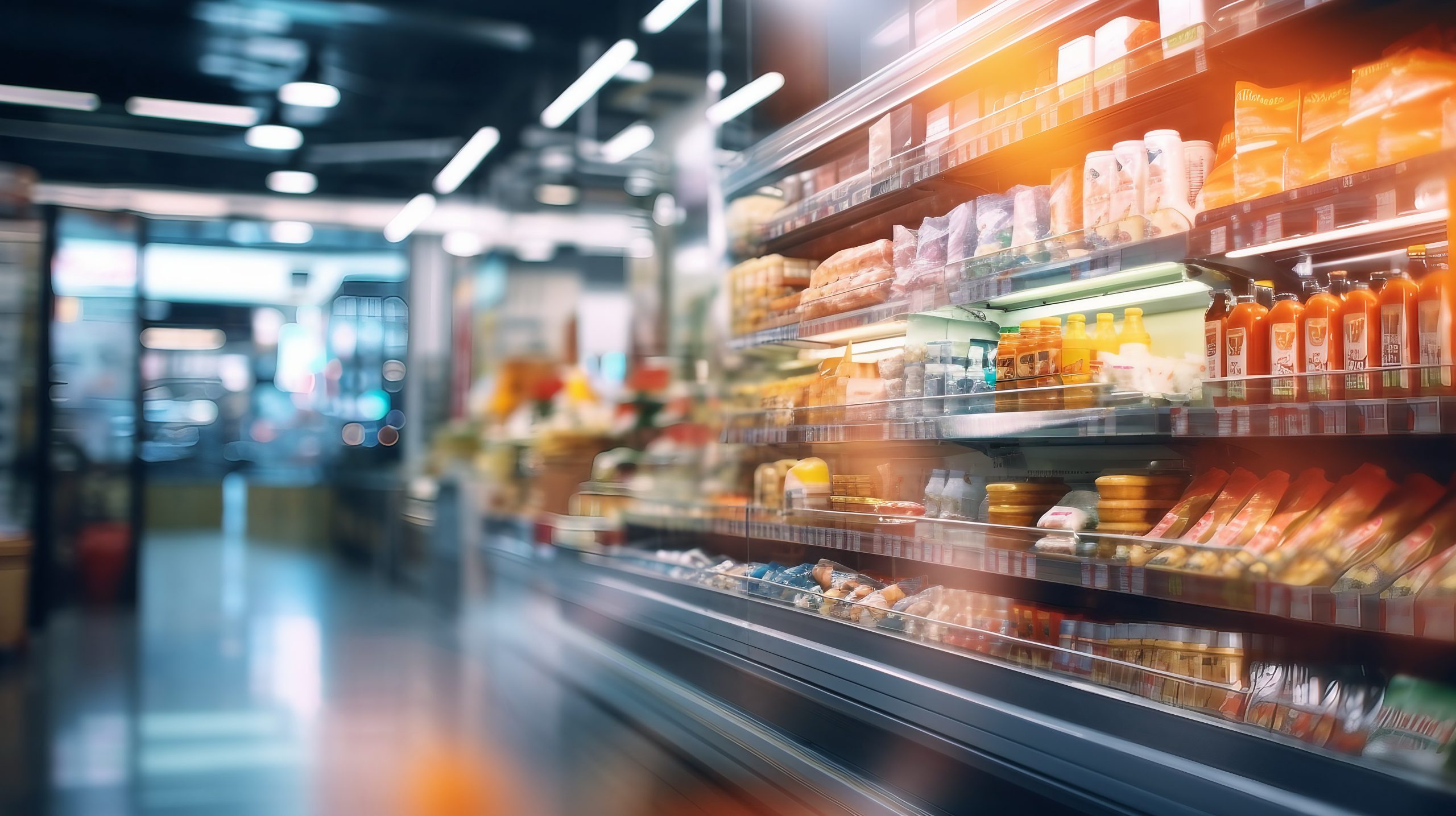 Well-stocked, illuminated refrigerated shelf in a modern supermarket