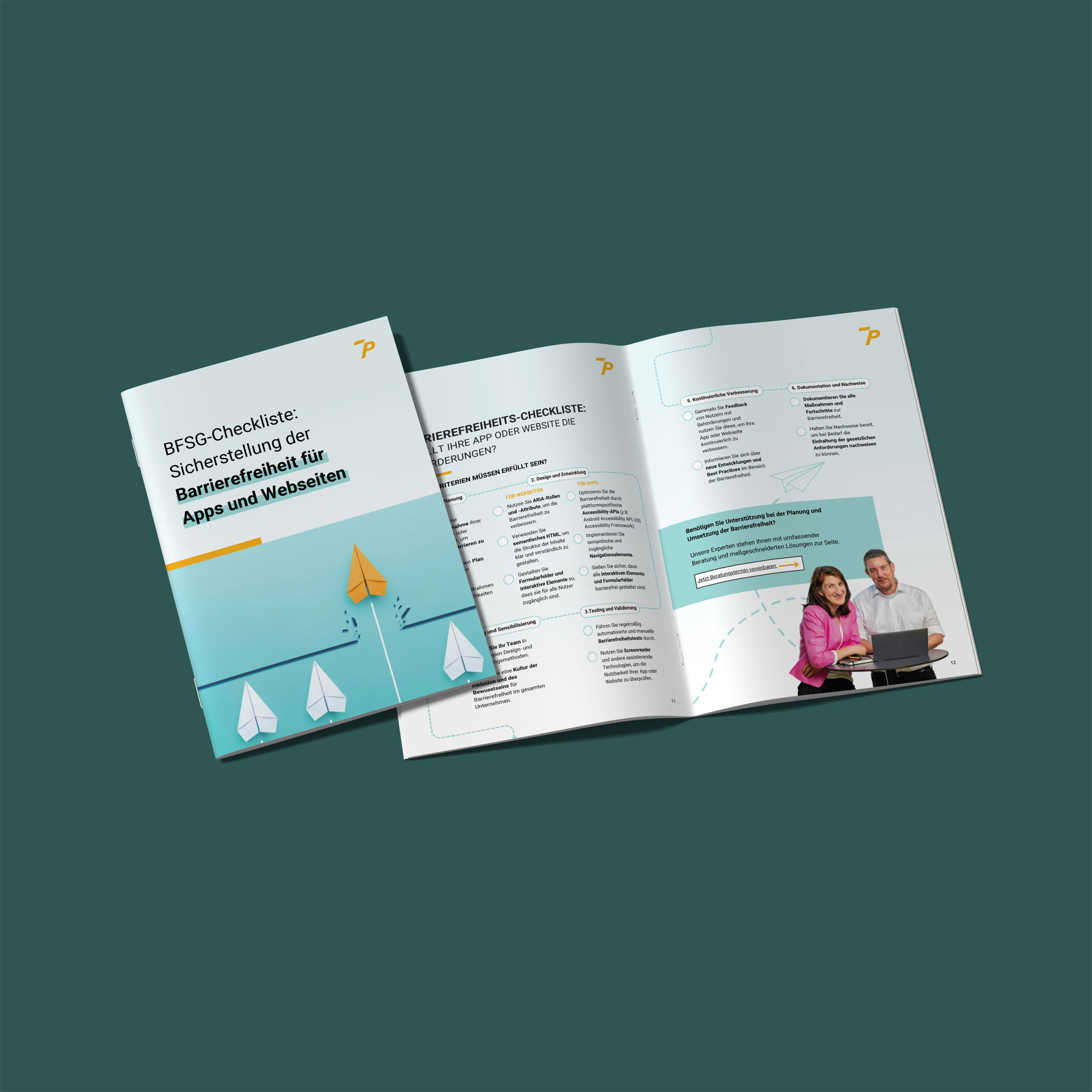 Open brochure with a checklist on the accessibility of apps and websites on a green background