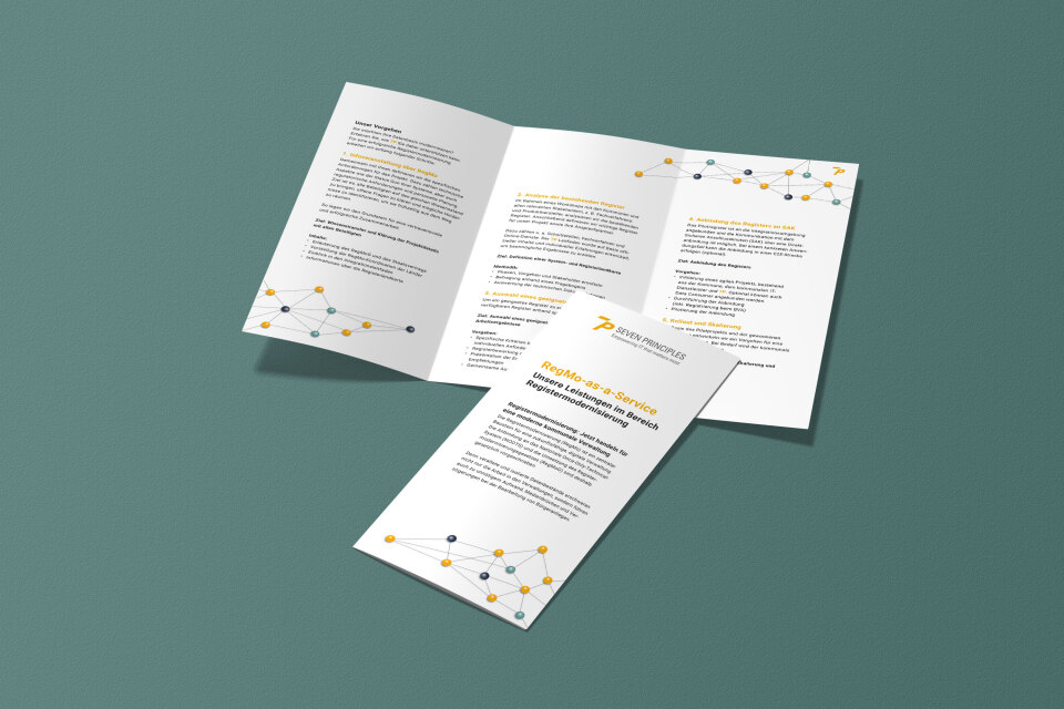 Folded flyers on RegMo as a Service with network graphics on a green background