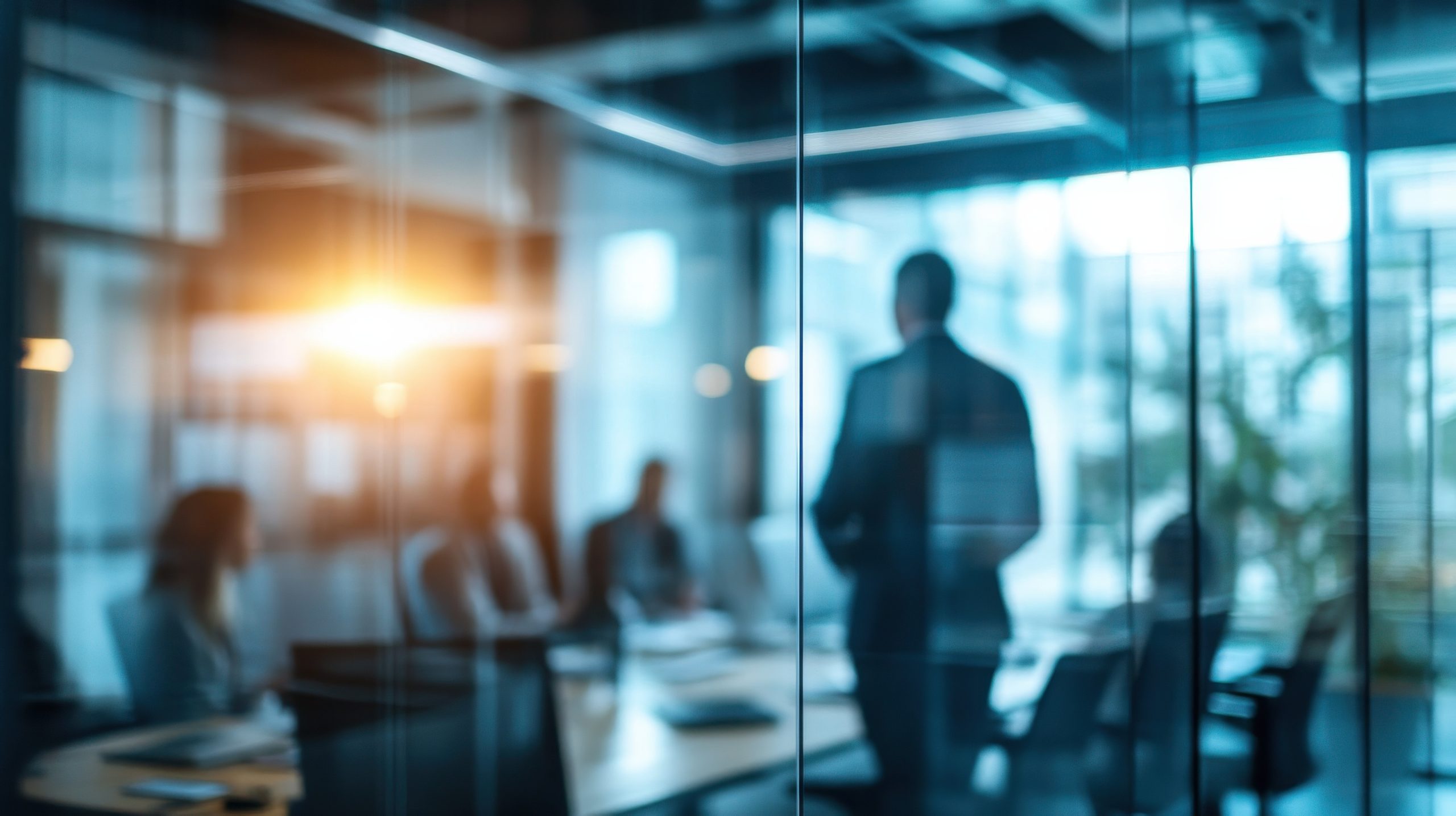 People in a meeting in an office with glass walls, against the light