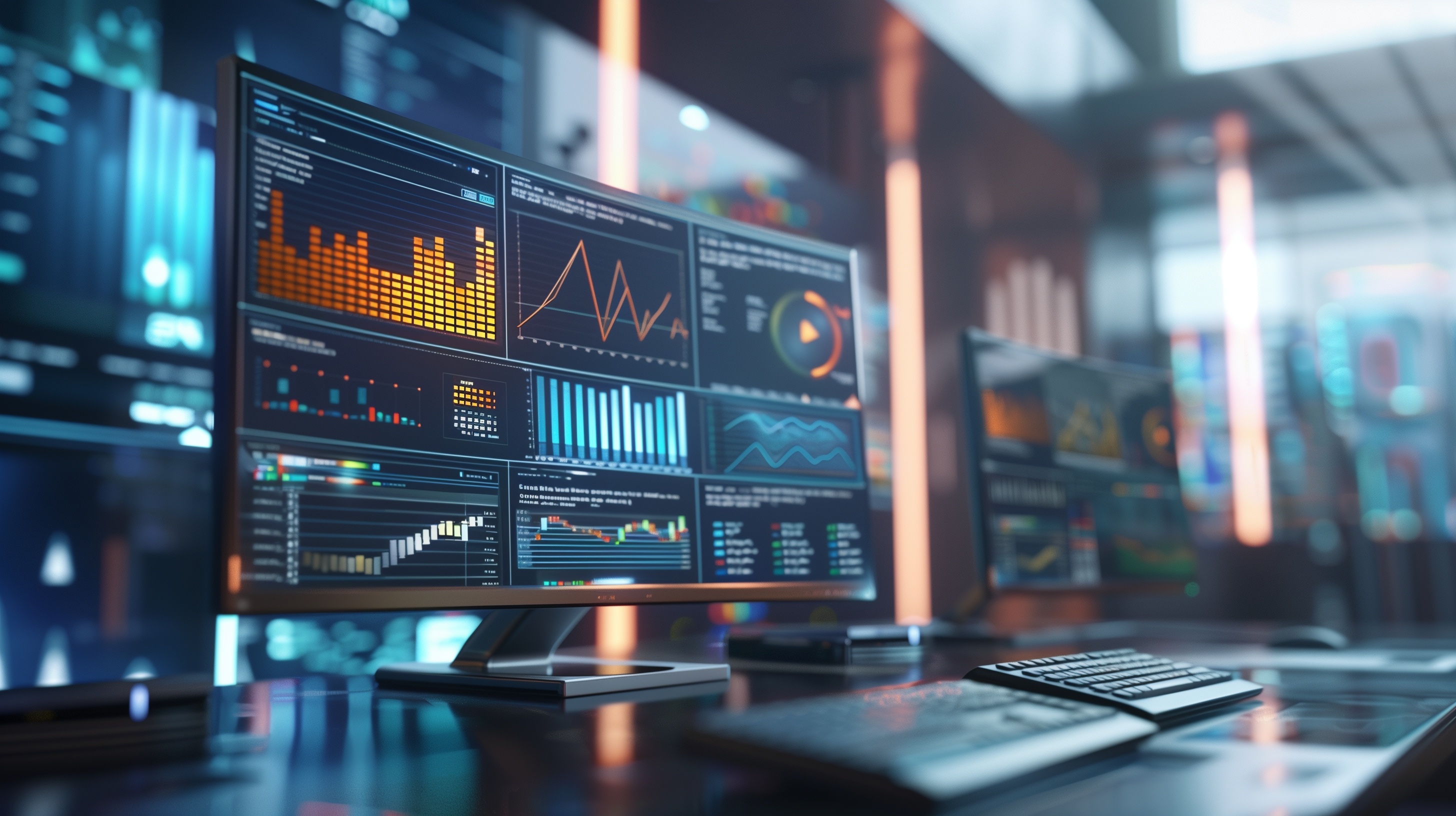 Workstation with a monitor full of charts and data visualisations