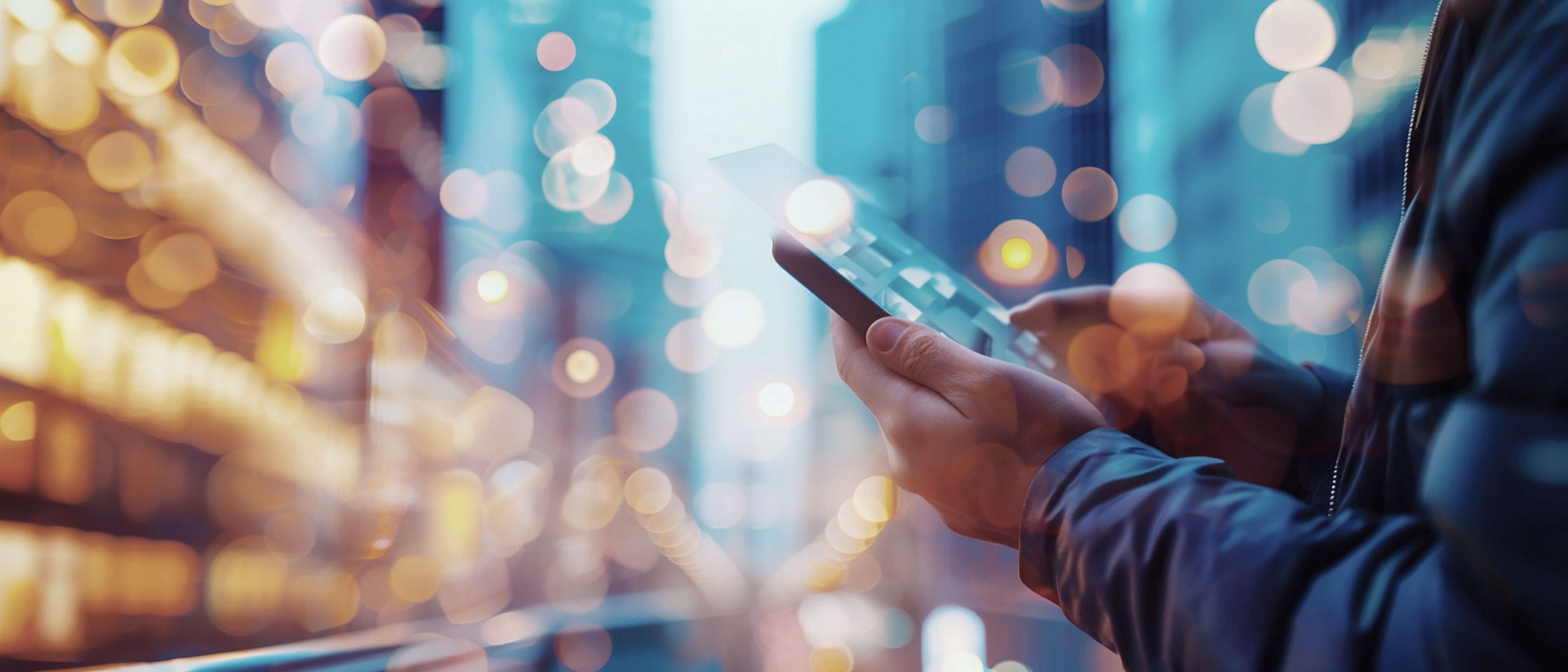 Hands holding a smartphone against the blurred lights of a city