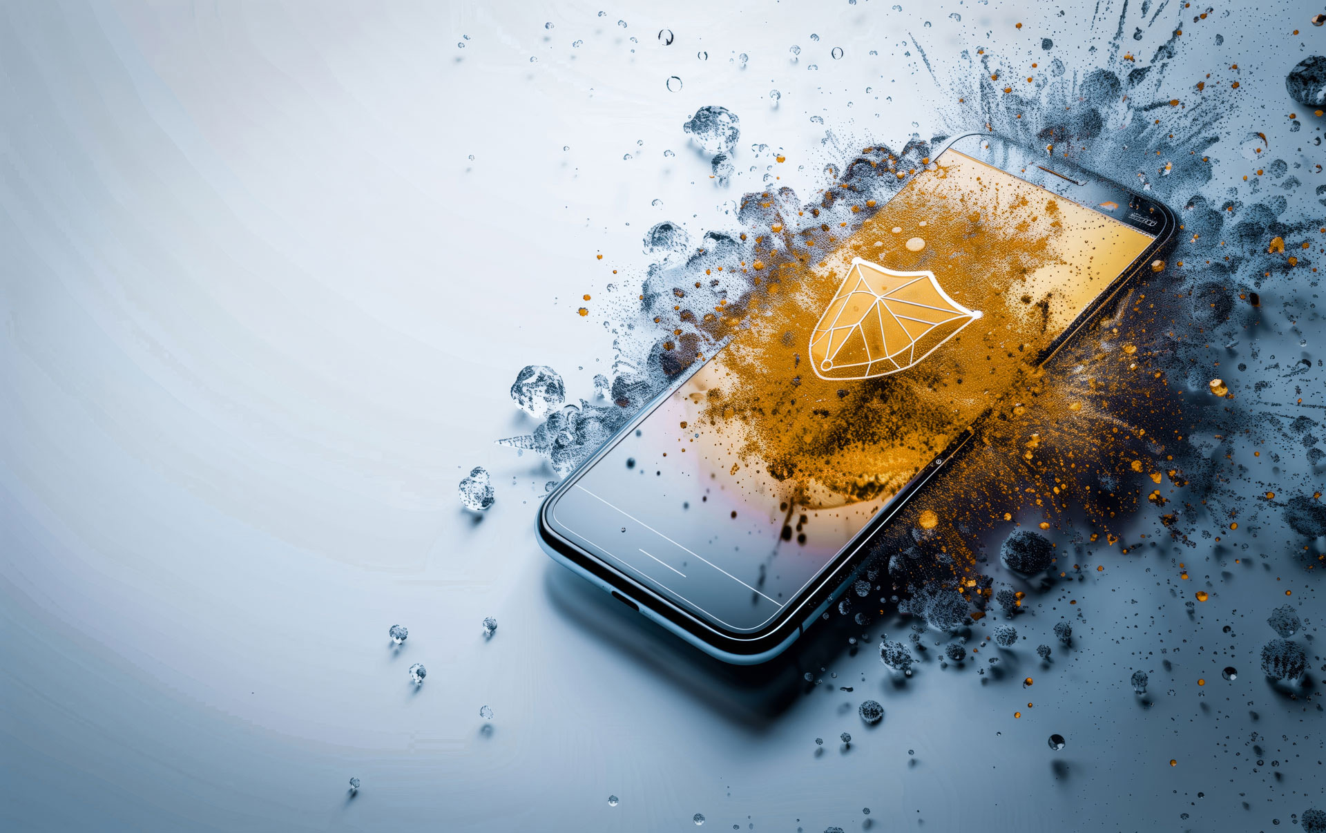 Smartphone with a shield symbol on the screen, surrounded by scattering particles