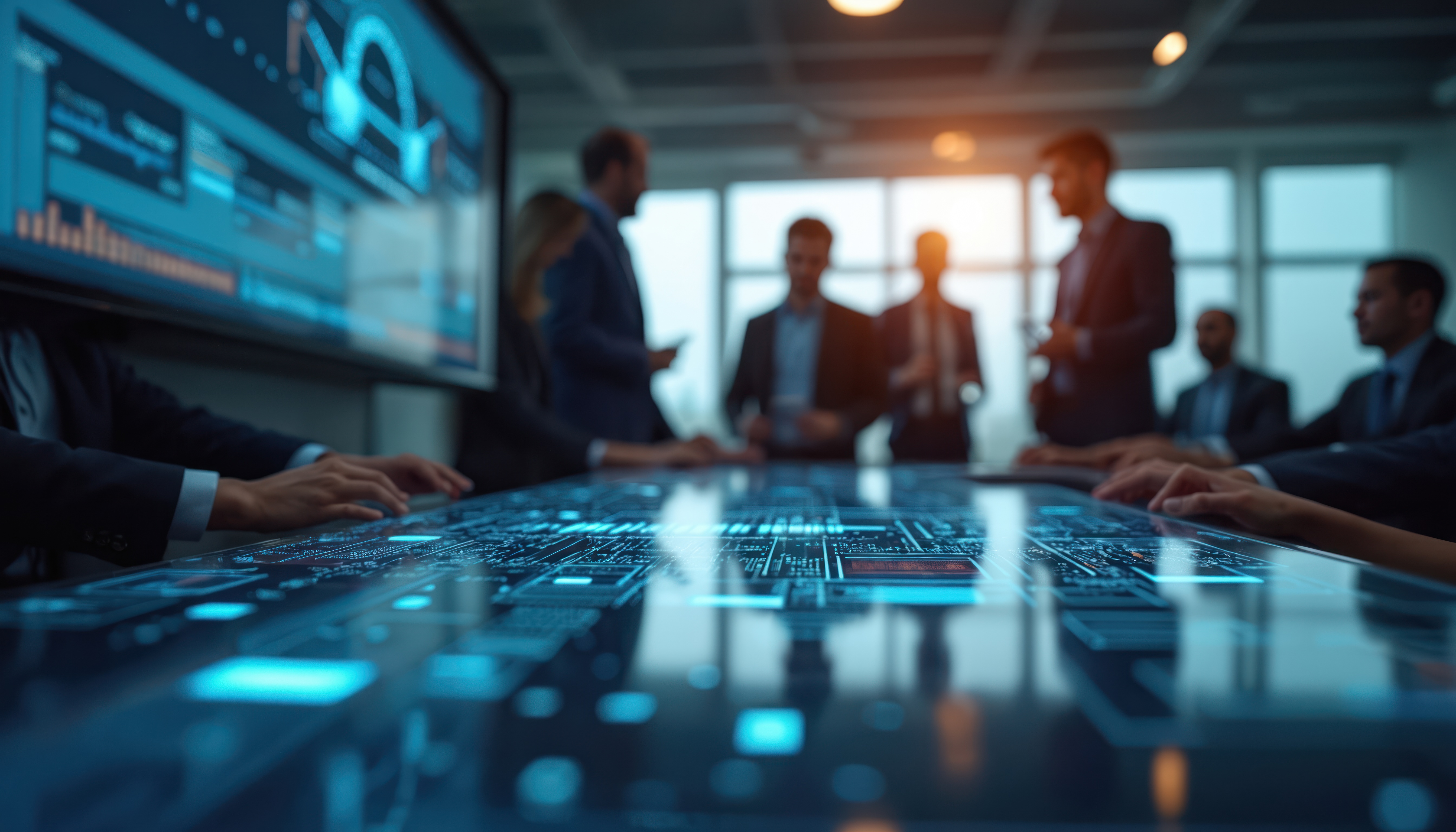 People at a conference table with digital data and charts overlaid