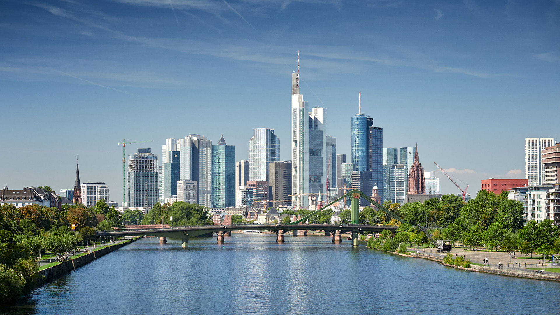 Frankfurt am Main skyline with the river and green riverbank