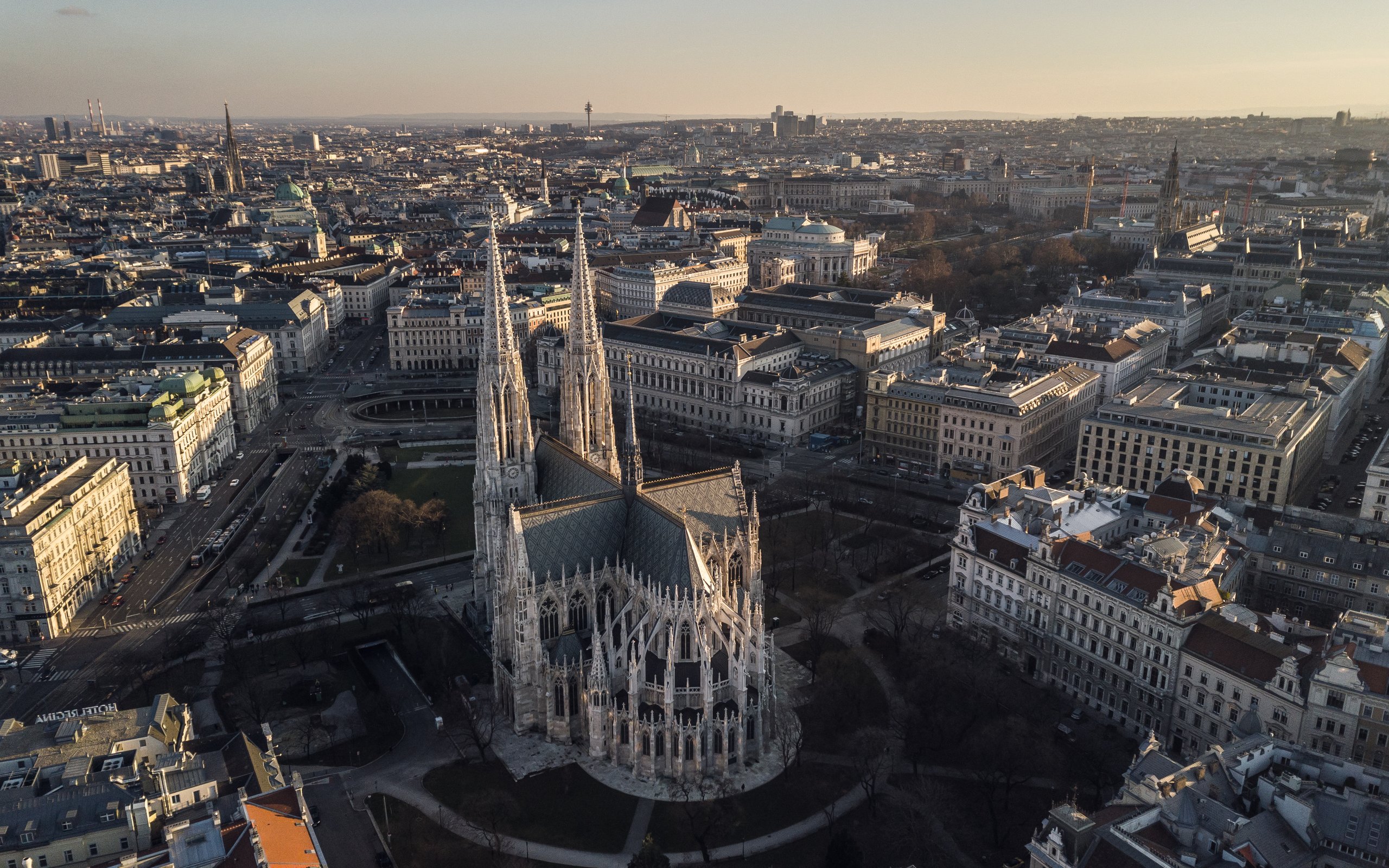 Aerial view of Vienna with a Gothic cathedral in the centre