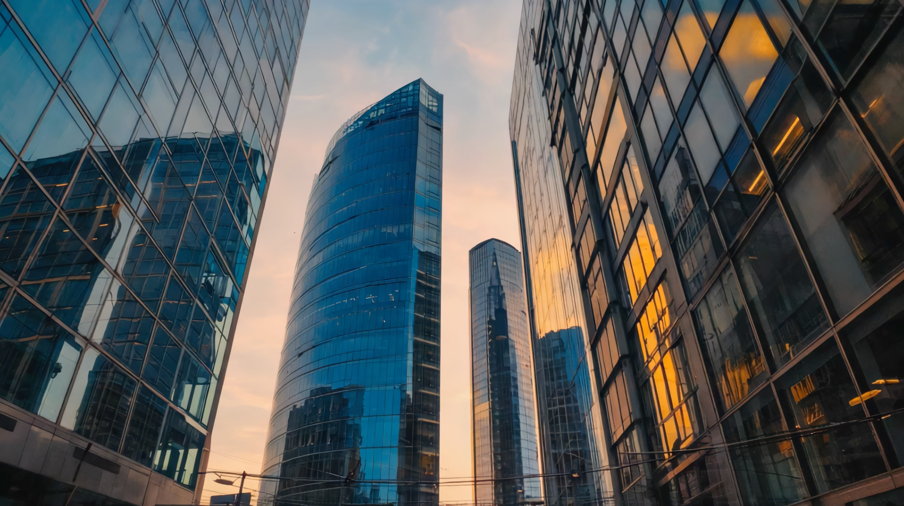 Glass facades of high-rise buildings at dusk, seen from below