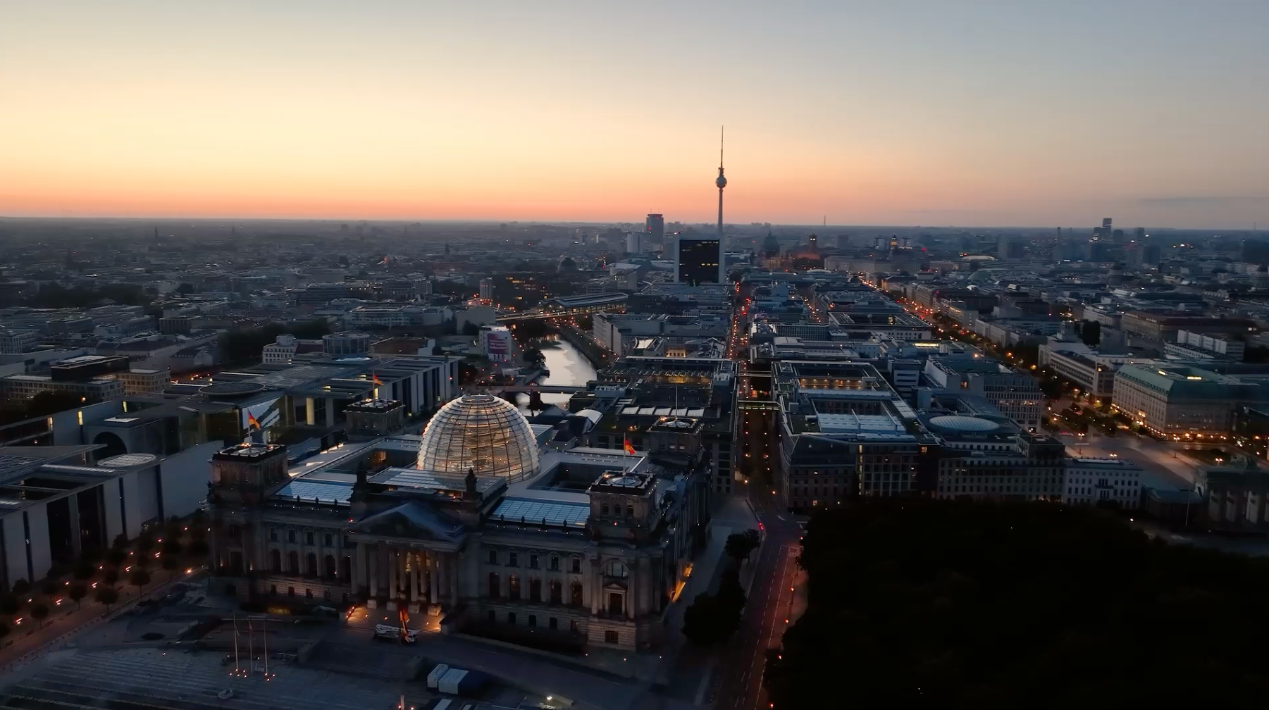 Berlin at dusk with the Reichstag dome and the TV tower