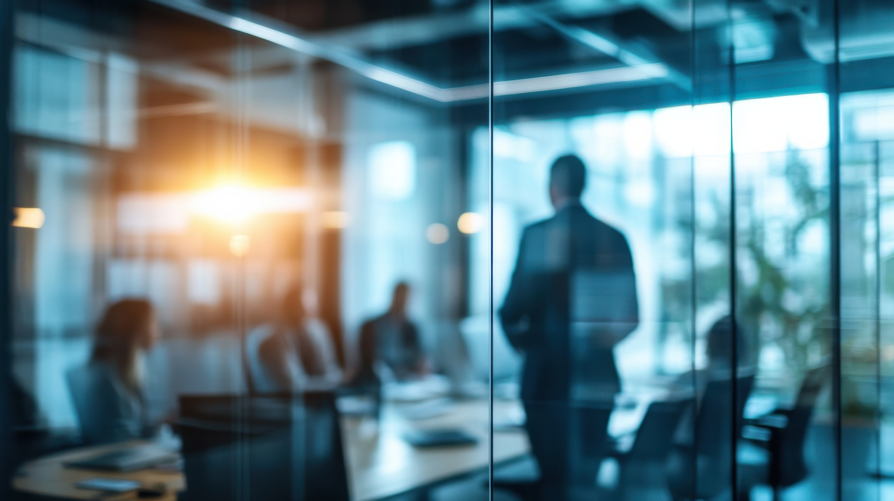 People in a meeting room behind glass walls, blurred against the light