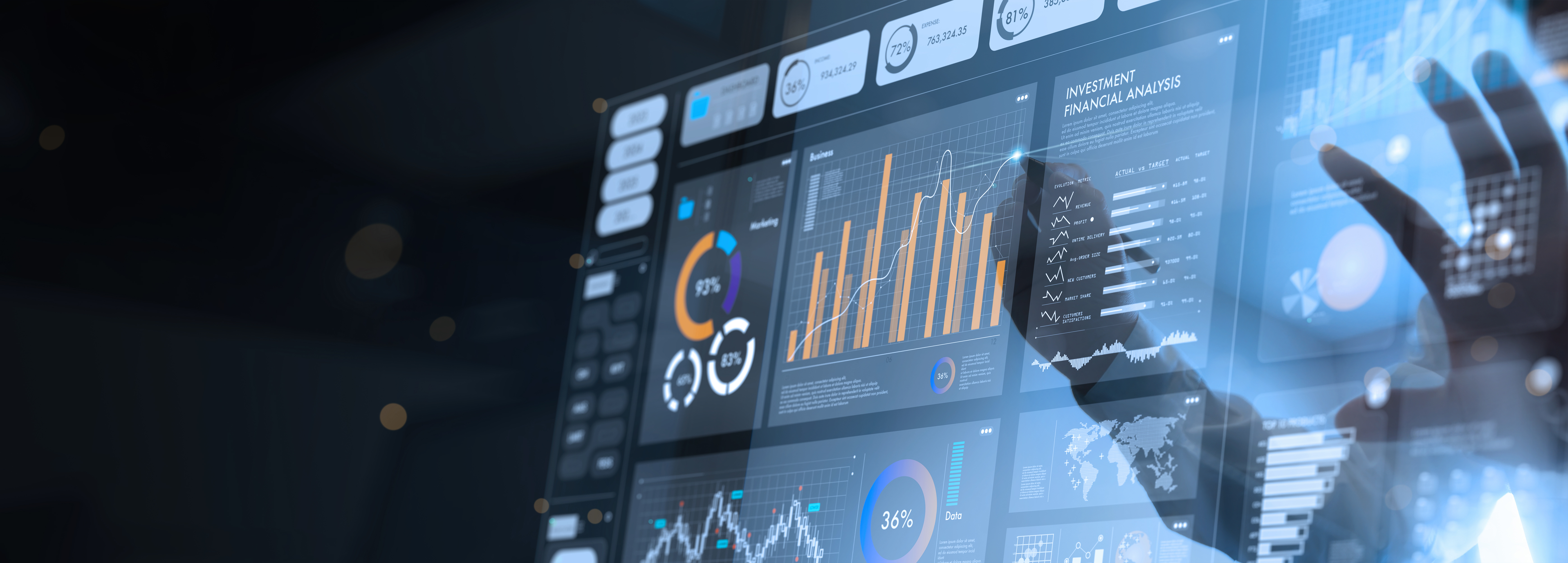 Hand operating a digital interface with financial charts
