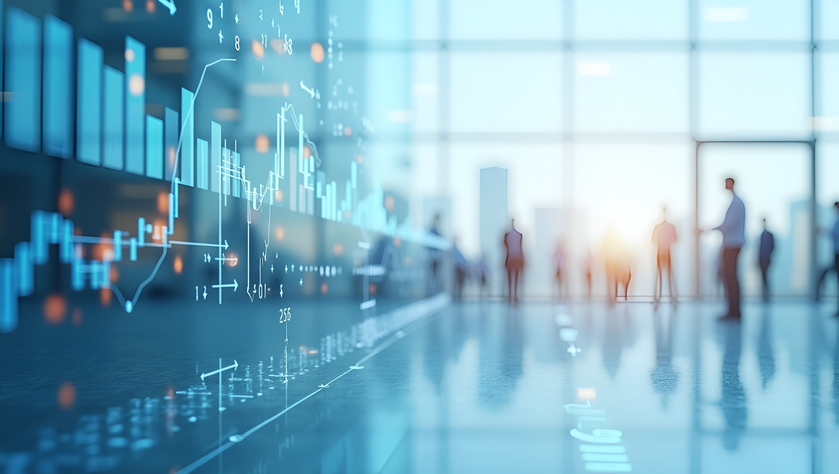 People walking through a bright office with a glass front, glowing data curves in the foreground