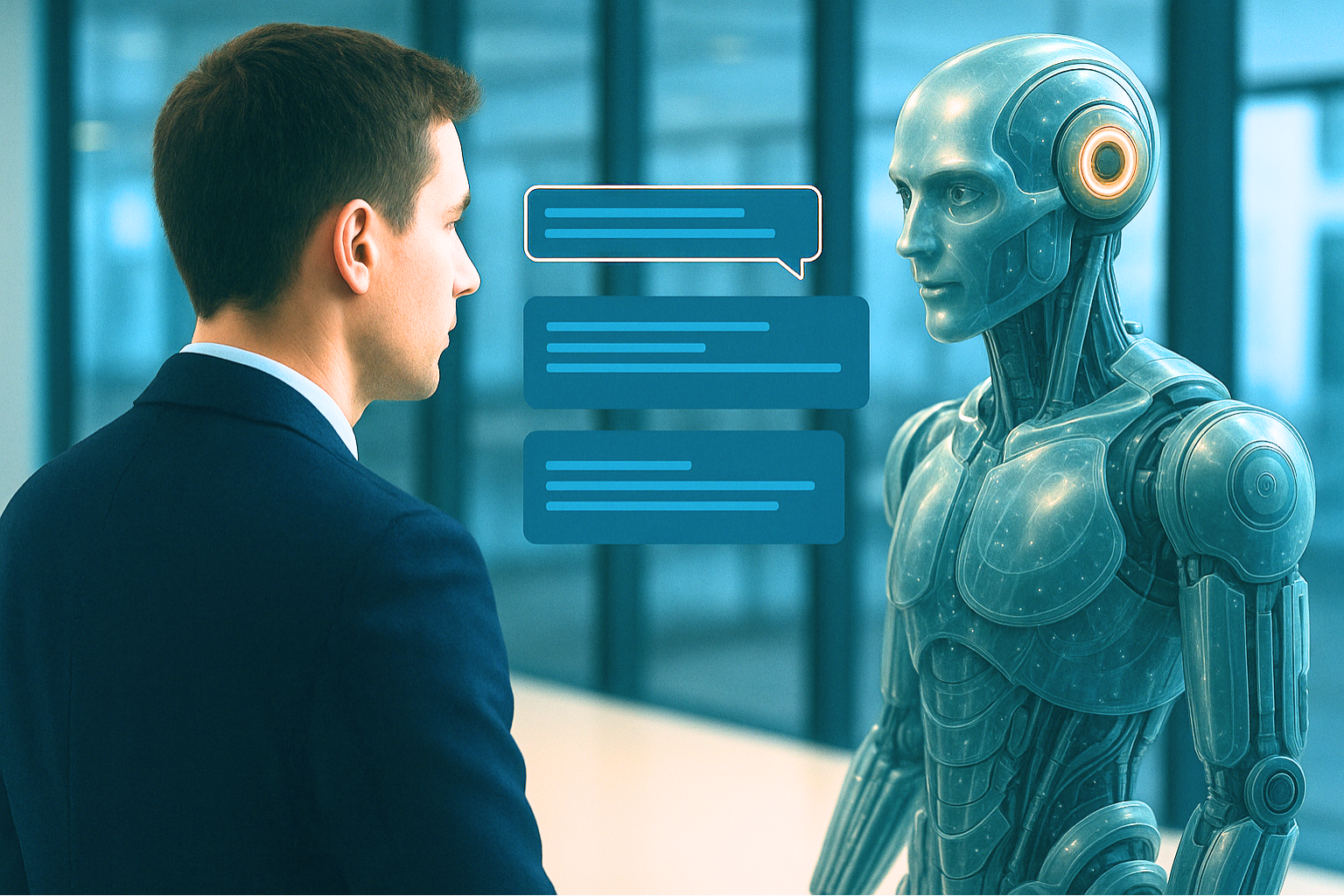 Man in a suit talking to a humanoid robot, speech bubbles between them