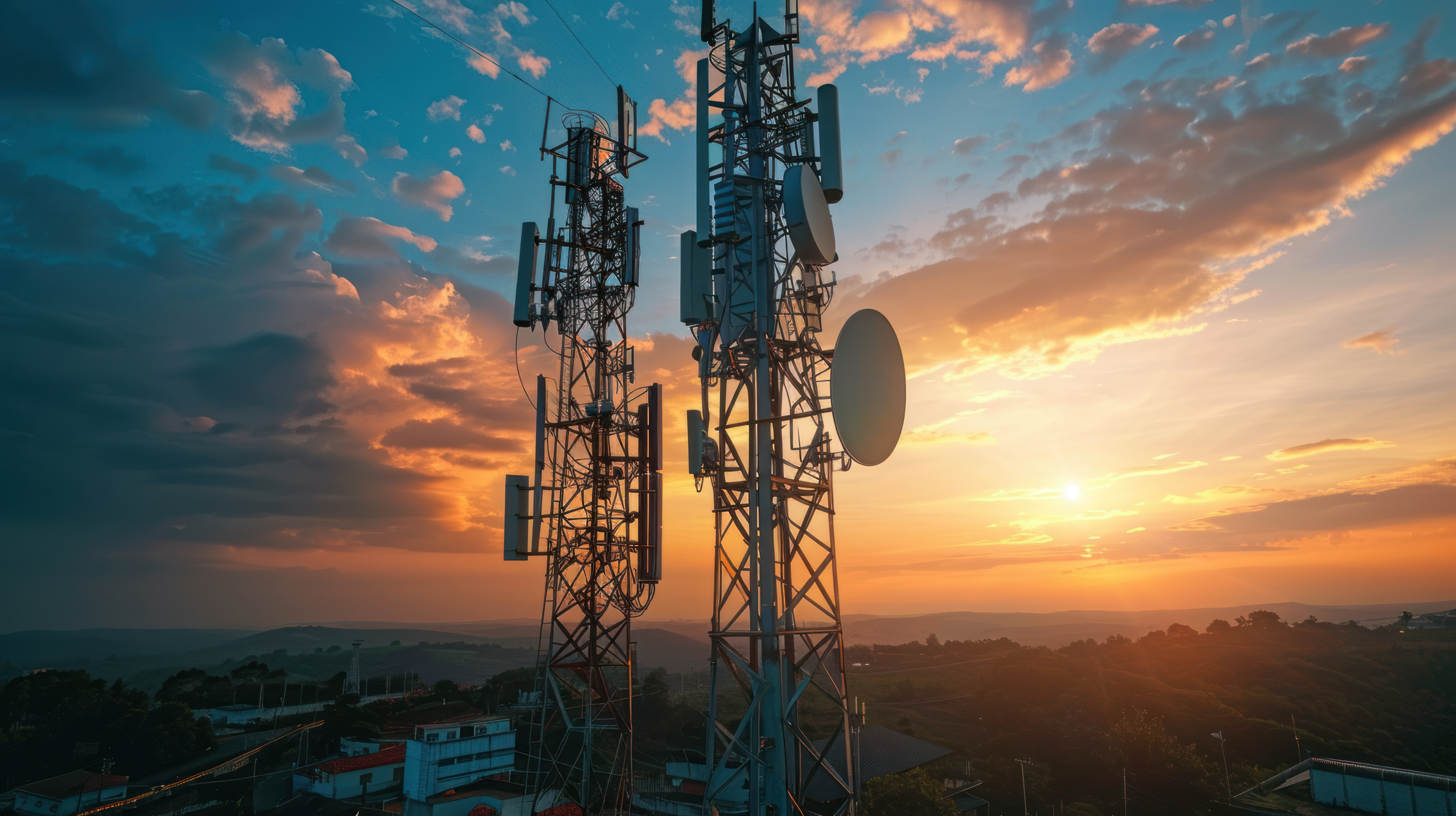 Radio masts with antennas against a sunset over open countryside